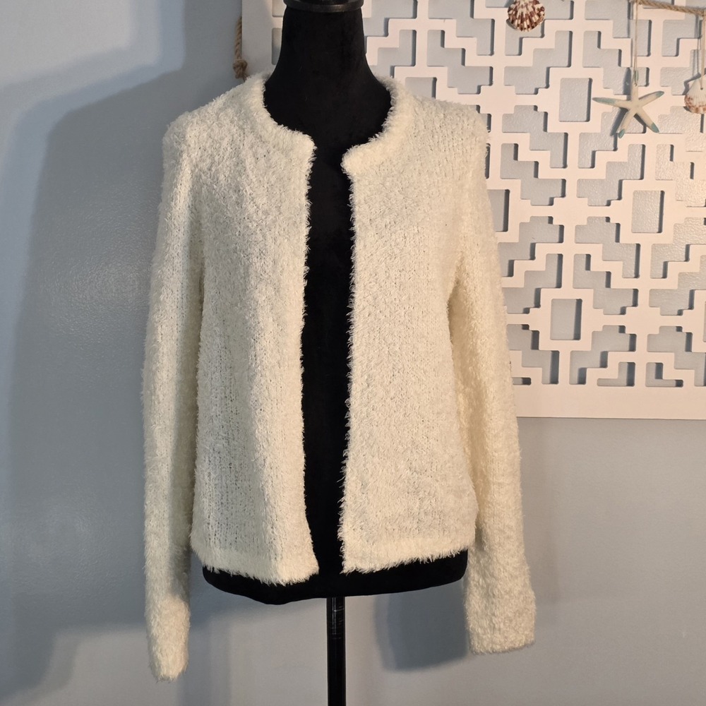 LOFT Cardigan Small White Fuzzy Eyelash Soft Open Front Sweater
